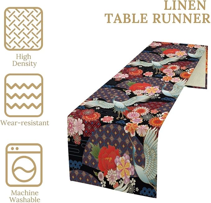 Japanese Table Runner Oriental Vintage Asian Chinese Traditional Cranes Florals Dinner Runner Table Decoration for Home Kitchen Dining Table Party Decoration 13x108in
