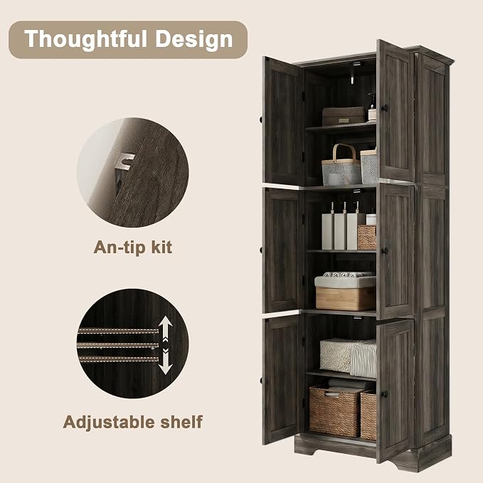 ChooChoo 63.2" Tall Bathroom Storage Cabinet with 6 Doors | Freestanding Floor Cabinet, Adjustable Shelves, Pantry Cabinet for Bathroom, Kitchen, Laundry Room, Rustic Weathered Gray