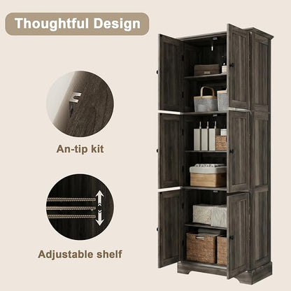 ChooChoo 63.2" Tall Bathroom Storage Cabinet with 6 Doors | Freestanding Floor Cabinet, Adjustable Shelves, Pantry Cabinet for Bathroom, Kitchen, Laundry Room, Rustic Weathered Gray