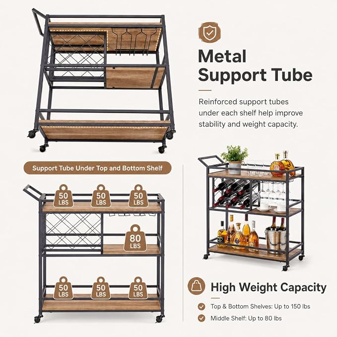 Bar Cart with Wheels, Wine & Liquor Cart for Home | Rolling Serving Cart for liquor, 3 Tier Beverage Cart with Wine Rack and Glass Holder, Rustic Oak