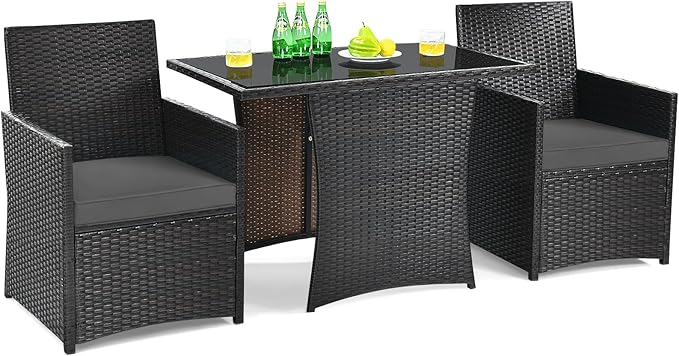 DORTALA Wicker Patio Bistro Set 3 Piece, Outdoor Table and Chairs with Tempered Glass Tabletop, Cushions, Small Rattan Furniture Conversation Sofa Set for Balcony, Porch, Backyard, Deck, Grey
