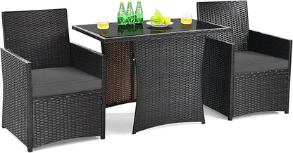 DORTALA Wicker Patio Bistro Set 3 Piece, Outdoor Table and Chairs with Tempered Glass Tabletop, Cushions, Small Rattan Furniture Conversation Sofa Set for Balcony, Porch, Backyard, Deck, Grey