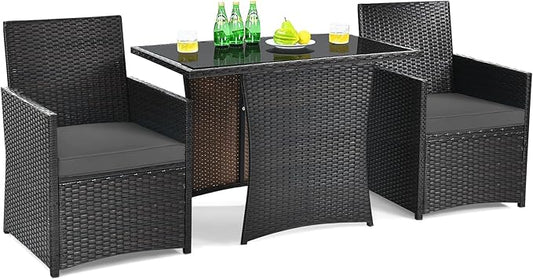 DORTALA Wicker Patio Bistro Set 3 Piece, Outdoor Table and Chairs with Tempered Glass Tabletop, Cushions, Small Rattan Furniture Conversation Sofa Set for Balcony, Porch, Backyard, Deck, Grey