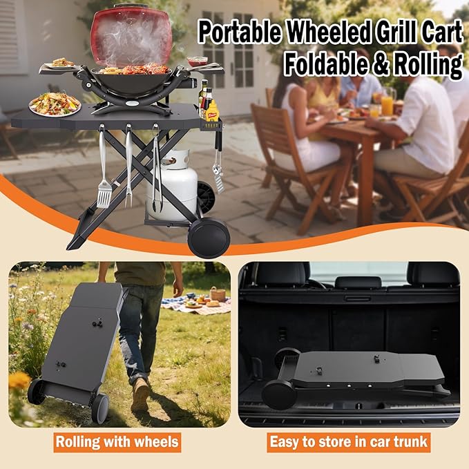 Grill Cart for Weber Q1200, Q1000, Q2200, Q2400, Portable Grill Stand for Blackstone 17"& 22" Table Top Griddles, Foldable Grill Cart for Pizza Ovens with Shelf for Gas Cylinder