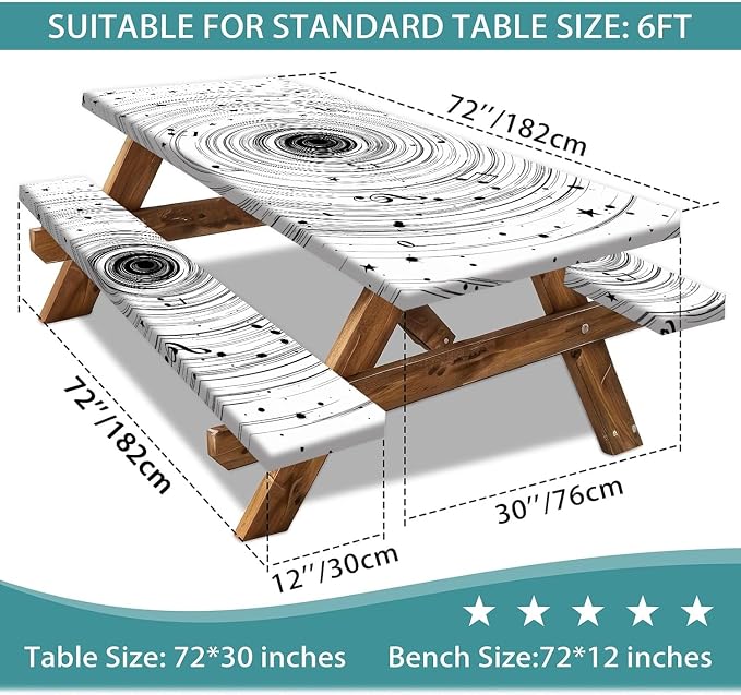 Picnic Table Cover with Bench Covers Camping Essentials Abstract Art Cosmic Vortex Pattern Waterproof Oilproof Fitted Camping Tablecloth Cover with Elastic Edge for Indoor Outdoor 3 PCS 30x72 Inch