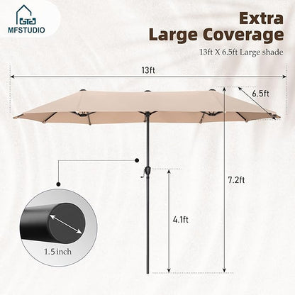 PHI VILLA 13 ft Outdoor Patio Umbrella, Large Rectangular Double Sided Market Table Twin Umbrellas with Crank Handle for Deck Pool(Beige)