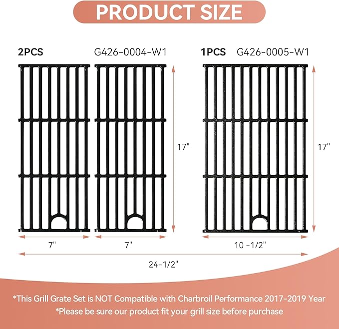 463365021 Cast Iron Grill Grates for Charbroil Performance 4 Burner 463350521 463352521 463354021 463365522, 17 Inch Cooking Grid for Charbroil Grill Parts 463366022 G426-0004-W1 G426-0005-W1