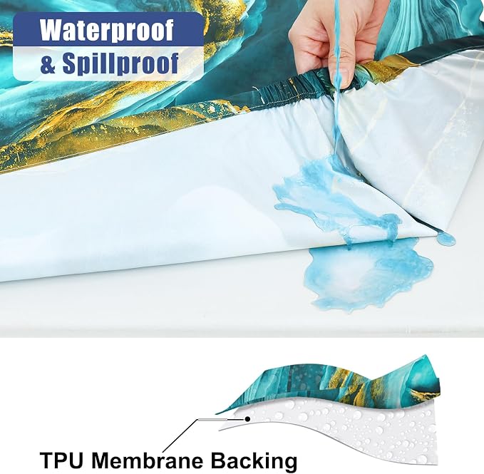 Smiry Picnic Table Cover with Bench Covers, Waterproof Elastic Fitted Tablecloth for 8 Foot Tables, Washable Polyester Tablecloths for Camping, Indoor & Outdoor (Teal & Gold, 30x96 Inch 3-pc Set)