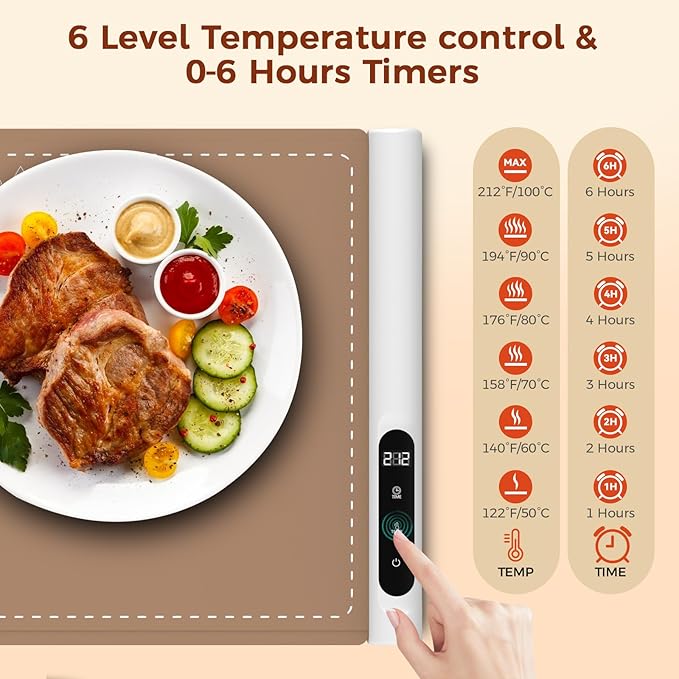 Newise Graphene Warming Mat for Food - Fast Full Surface Heating Electric Warming Tray, Portable Food Warmer for Parties Buffet with 6 Temperature and Timer Settings, Brown
