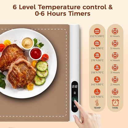 Newise Graphene Warming Mat for Food - Fast Full Surface Heating Electric Warming Tray, Portable Food Warmer for Parties Buffet with 6 Temperature and Timer Settings, Brown