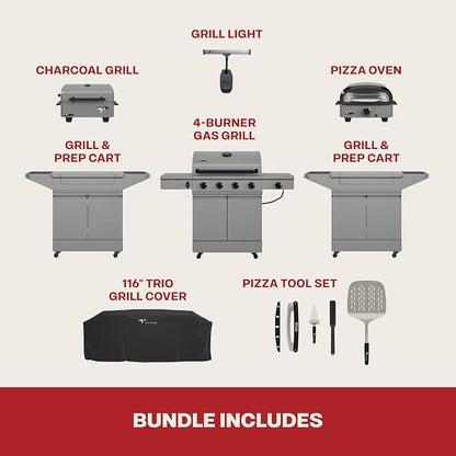 Tytus 4-Burner Gas Grill, Two Prep Carts, Charcoal Grill, and Pizza Oven | Anaheim Modular Outdoor Kitchen, Grill for Outdoor Cooking, Kitchen Island for BBQ, Included Cover, Light, and Pizza Tool Kit