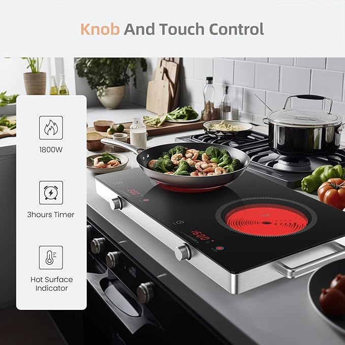 Infrared Double Burner Hot Plate,1800W Portable Electric Cooktop for 110-120V Outlet, Ceramic Glass Top, Knob & Touch Control, 9 Power Levels, Timer, Works with Any Cookware