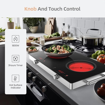 Infrared Double Burner Hot Plate,1800W Portable Electric Cooktop for 110-120V Outlet, Ceramic Glass Top, Knob & Touch Control, 9 Power Levels, Timer, Works with Any Cookware