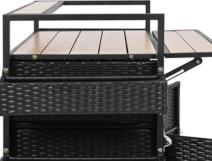 RUNNA Wicker Outdoor Grill Cart with Extended Plastic Wood Table Top, Rolling Kitchen Island on Wheels with Storage Cabinet, for Patio Backyard Garden Poolside, Double Handle Design (Black Brown@047)