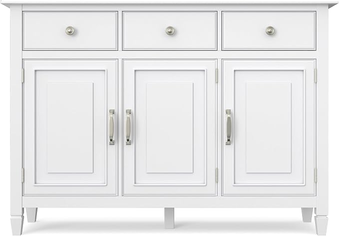SIMPLIHOME Connaught 51" Wide Solid Wood Storage Cabinet in White | Traditional space-saving entryway or mudroom cabinet with 3 drawers and adjustable shelves for organized household storage.