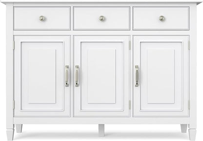 SIMPLIHOME Connaught 51" Wide Solid Wood Storage Cabinet in White | Traditional space-saving entryway or mudroom cabinet with 3 drawers and adjustable shelves for organized household storage.
