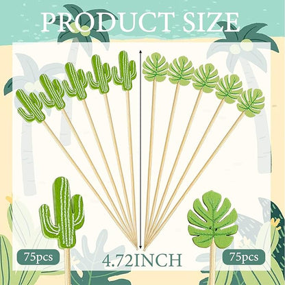 150 PCS Green Cocktail Picks Cactus Cute Handmade Sticks Bamboo Wooden Leaf Toothpicks Summer Party Decorations Appetizer Skewers