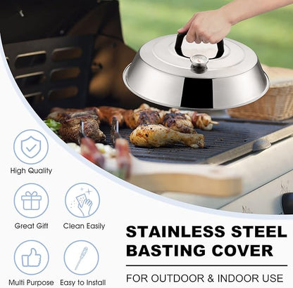 12 Inch Cheese Melting Dome Set of 2, Joyfair Basting Cover for Griddle Grilling Outdoor Camping/Flat Top Teppanyaki, Stainless Steel Lids with Heat-Proof Handle, Dishwasher Safe (with Thermometer)