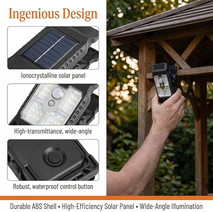 Solar Clip on Lights Outdoor Waterproof, 3 Modes Motion Sensor Security Light with Wide Angle Illumination, Portable Solar Powered Clamp Light for Fence, Patio Umbrella, Gutter, Deck (A-8Pcs)