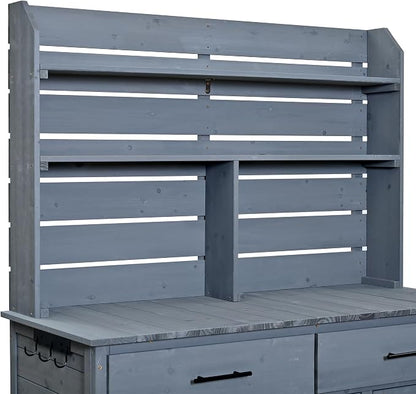 Outdoor Grill Cart with Storage Cabinet, Wood Outdoor Kitchen Island Prep Cart Grill Station for Food Prep and BBQ, Gray