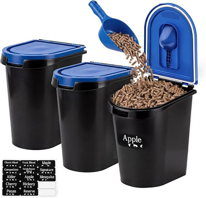 Maxdot 3 Sets 22lb Wood Pellet Storage Containers with Smoker Grill Pellet Label Stickers Spoon Locking Lid Charcoal Container Holds for Men Gift Smoker Charcoal Outdoor Grill Pellets Camping Party