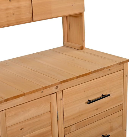 Merax Farmhouse Potting Bench with 6 Drawers, 44.6” Large Garden Workstation, Outdoor Kitchen Island with Bottom Cabinet & Hooks, Freestanding Patio Furniture,Natural Wood