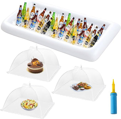 HBlife Inflatable Serving Bar with 3 Mesh Food Covers for Outdoors | 49x24in Inflatable Cooler with Drain Outlet, 17x17in Food Tent, Portable, Durable Material, Outdoor Parties, Catering Events