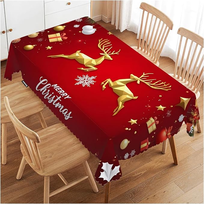 Swono Merry Christmas Table Cover Gold Christmas Deer Snowflakes 50x72 Inch Table Cloth for Rectangle Tables Buffet Parties Coffee BBQ and Dinning Tablecloth, Red
