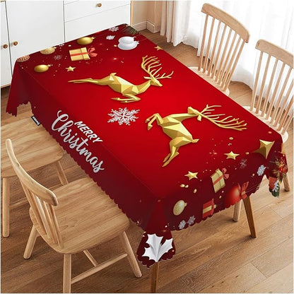 Swono Merry Christmas Table Cover Gold Christmas Deer Snowflakes 50x72 Inch Table Cloth for Rectangle Tables Buffet Parties Coffee BBQ and Dinning Tablecloth, Red