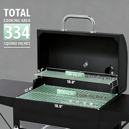Charcoal Grills with Two Side Tables, 20-In Outdoor Smoker Barbecue Bbq Grill with 334 Sq. In Cooking Area for Camping, Patio,Backyard Party, Picnic, Black