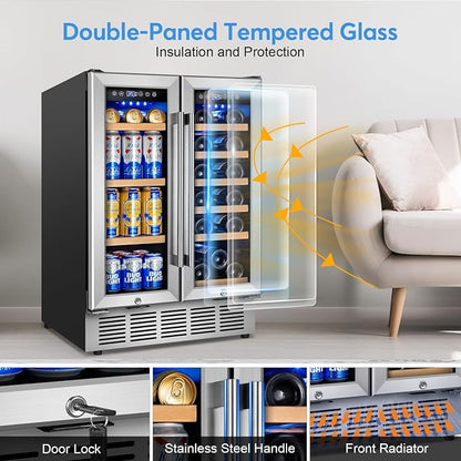 24" Dual Zone Wine and Beverage Refrigerator, Under Counter with Glass Door | 18-Bottle 88-Can capacity, Fast cooling, LED blue light, Temp control, Energy efficient compressor, Freestanding or built-in