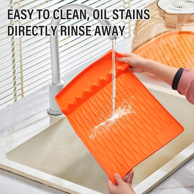 Silicone BBQ Tool Mat, Outdoor BBQ Grill Mat with Drip Mat with Seasoning Bottle Holder, BBQ Accessory Side Rack Mat, BBQ Tool Tray, 15.98"*11.5" (Orange 2pcs)