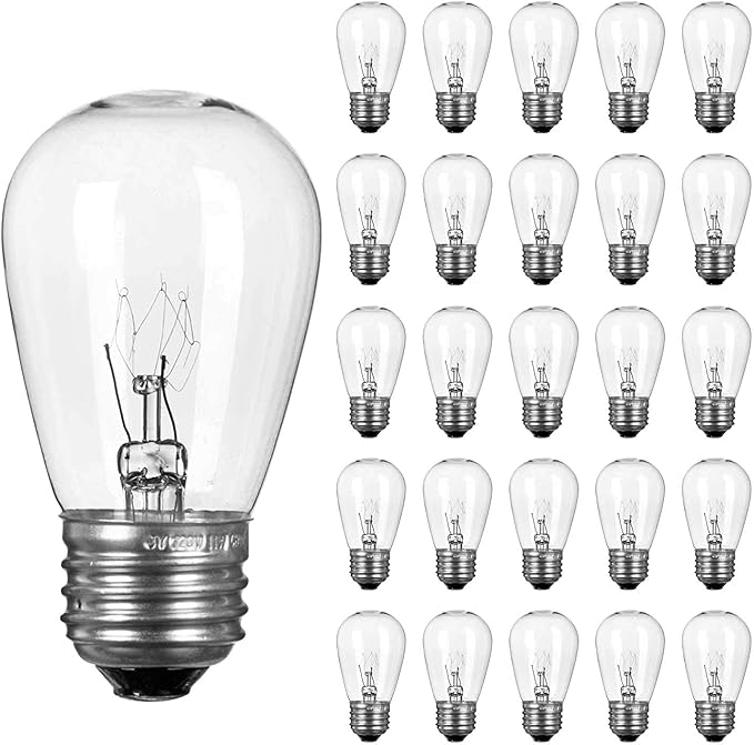 Pack of 26pcs S14 Light Bulbs for String Lights -11 Watt E26 Medium Candelabra Screw Base S14 Warm Replacement Clear Glass Bulbs for Commercial Grade Outdoor Patio Garden Vintage String Lights