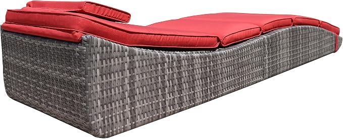 BTEXPERT Set of 2,Foldable Outdoor Chaise Pool Lounge Chair Folding Wicker Rattan Sun Bed Patio Couch Reclining Lounger Adjustable Padded Backrest Pillow Assembled - Red Burgundy