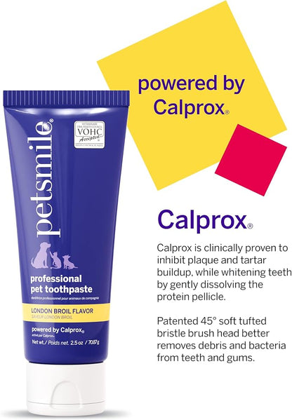 Petsmile Pet Teeth Brushing Kit, Toothpaste + Brush, London Broil 2.5 Oz | Toothpaste + 45° Patented Toothbrush, VOHC Accepted, Calprox® Powered, 4-Month Supply, Human-Grade, Clinically Proven