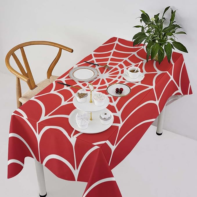 Spider Web Hero Tablecloth, White Spiderweb Red Cobweb Water Resistant Wipeable Table Cover for Picnic Party Holiday Kitchen Dinner Table 55"x55"