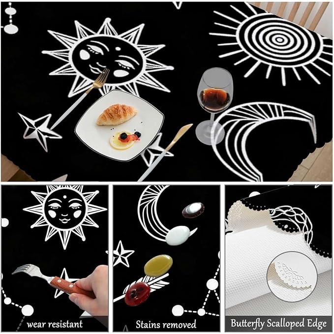 Swono Rectangle Tablecloth Sun and Moon Table Cover 52x70 Inch Stars Sun Moon Constellation Galaxy Space Table Cloth for Rectangle Tables Decorative Tablecloth for Dining Party Camping BBQ