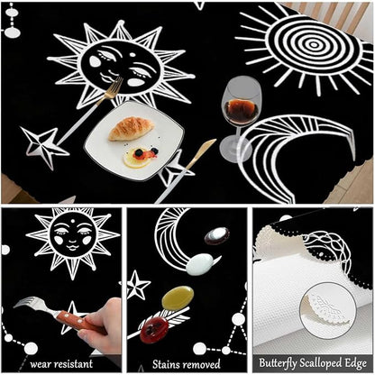 Swono Rectangle Tablecloth Sun and Moon Table Cover 52x70 Inch Stars Sun Moon Constellation Galaxy Space Table Cloth for Rectangle Tables Decorative Tablecloth for Dining Party Camping BBQ