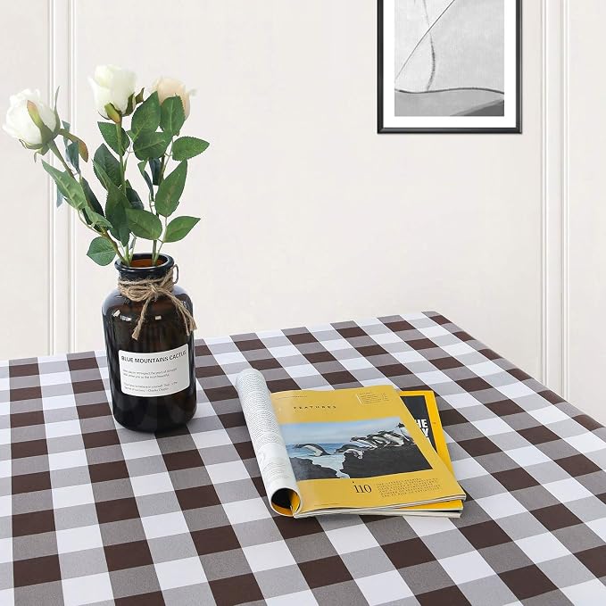 Hiasan Checkered Tablecloth Rectangle - Stain Resistant, Waterproof and Washable Table Cloth Gingham for Outdoor Picnic, Holiday Dinner, 60 x 120 Inch, Coffee and White