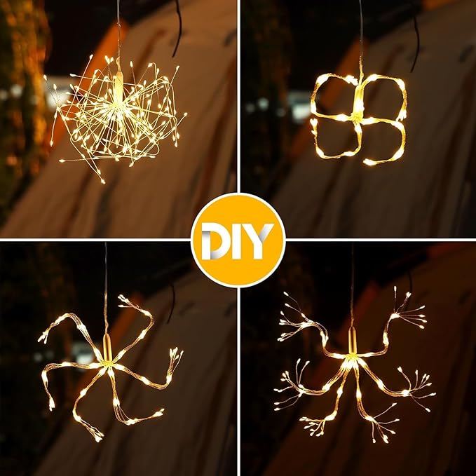 GTSYDING 5 Pack Solar Firework Lights, 450 LED 8 Modes Dimmable Waterproof Hanging DIY Starburst Fairy Lights with Remote Timer for Garden Indoor Outdoor Decoration (Warm White, 450)