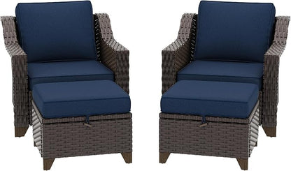 4 Pieces Patio Conversation Furniture Set - 2 Chairs with Ottomans Set of 2, Outdoor Wicker Armchairs with Water-Resistant and Washable Cushions for Porch, Balcony, Sunroom (Navy Blue)