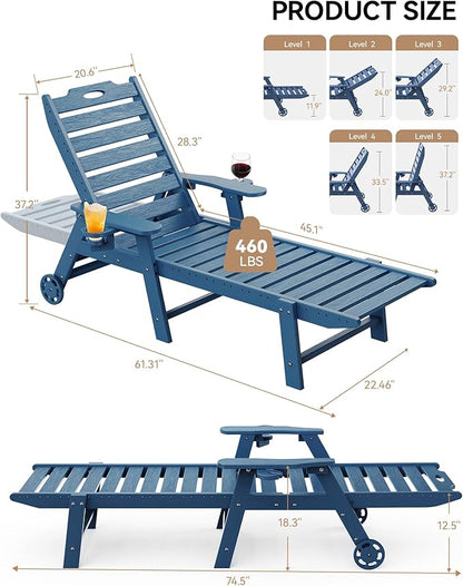 Carauci Lounge Chair Outdoor Set of 2, HDPE Chaise Lounge with Wheels, 5-Position Adjustable Backrest & 2 Cup Holders Patio Lounge Chair, All-Weather Pool Sun Lounger for Poolside, Backyard, Blue