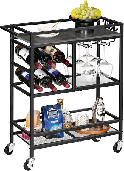 MAHANCRIS Bar Cart for Home, 3-Tier Serving Cart with Wheels and Handle, Beverage Cart with Wine Rack and Glass Holders, Rolling Wine Cart for Kitchen, Dining Room, Charcoal Gray and Black RCHT6101