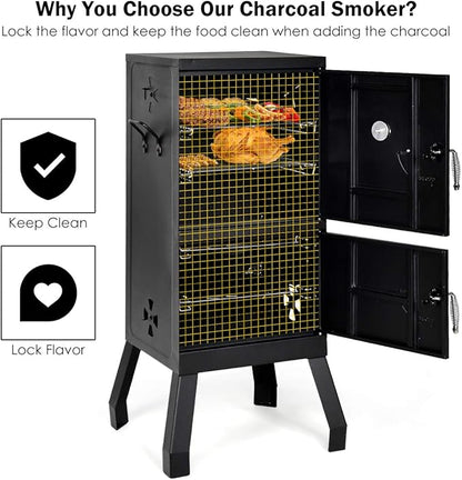 DORTALA Vertical Charcoal Smoker, Outdoors Charcoal Barbeque, Smoked Carbon Oven, Iron Structure, w/Two Chrome-plated Nets, Two Charcoal Pots, Suitable for Lawn Picnic, Backyard BBQ (Black)