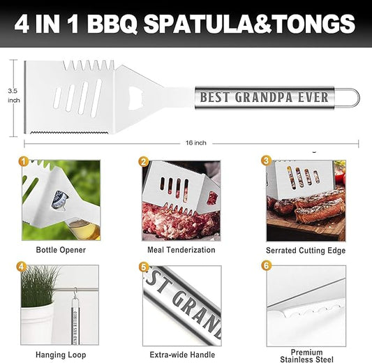 Grandpa Gifts from Grandkids, Fathers Day Grandpa Grilling Accessories Gift, Heavy Duty Stainless Steel BBQ Grill Tools for Outdoor Grill with Aluminum Case, Grill Utensils Set on Birthday(Bag)