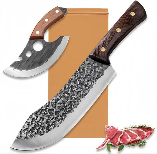 Butcher Cleaver Knife Set, 2 PCS Razor Sharp Chef Knife Japanese HC Stainless Steel and Viking Knife with Leather Sheath, Chopper Butcher Meat Knife for Home Cooking Outdoor BBQ Camping Gift Idea