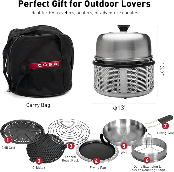 COBB Stainless Steel Smokeless Portable Table Top Charcoal Grill with Griddle Pan, 10 in 1 BBQ Grill for Camping, Boats & Rv, Outdoor Kitchen In A Box (Accessories Included)
