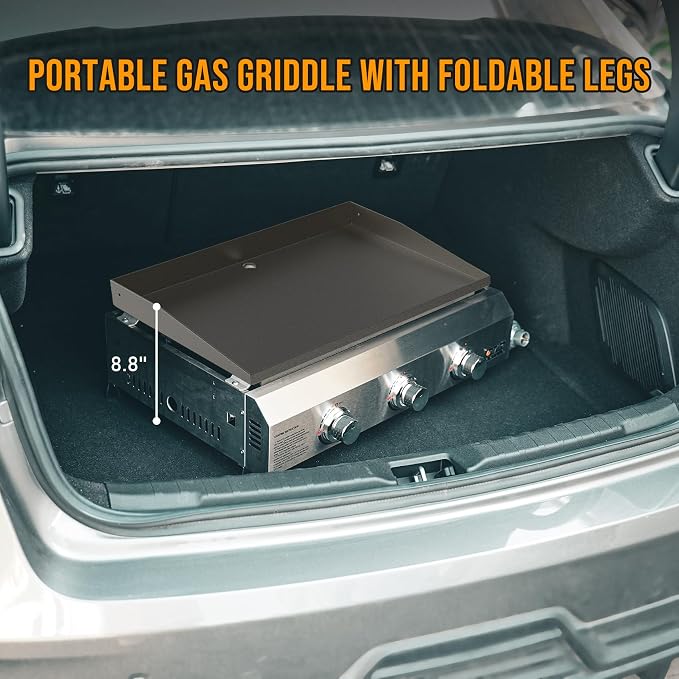 ONLYFIRE GRILLS Tabletop Gas Griddle 3 Burners, Propane Gas Stove, GS311 | Portable Flat Top Griddle for 1lb/20lb Propane, Outdoor Cooking Patio BBQ Camping Tailgating RV, Stainless Steel 24000BTU