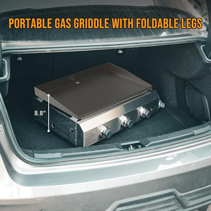 ONLYFIRE GRILLS Tabletop Gas Griddle 3 Burners, Propane Gas Stove, GS311 | Portable Flat Top Griddle for 1lb/20lb Propane, Outdoor Cooking Patio BBQ Camping Tailgating RV, Stainless Steel 24000BTU