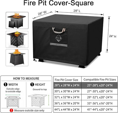QH.HOME Fire Pit Cover Square, 28 inch Firepit Covers,Heavy Duty Fabric 100% Waterproof, Fits Outdoor for 25inch,27 inch,28 inch Square, Fireplace Cover,Gas Fire Pit Cover (28”L x 28”W x 24”H,Black)